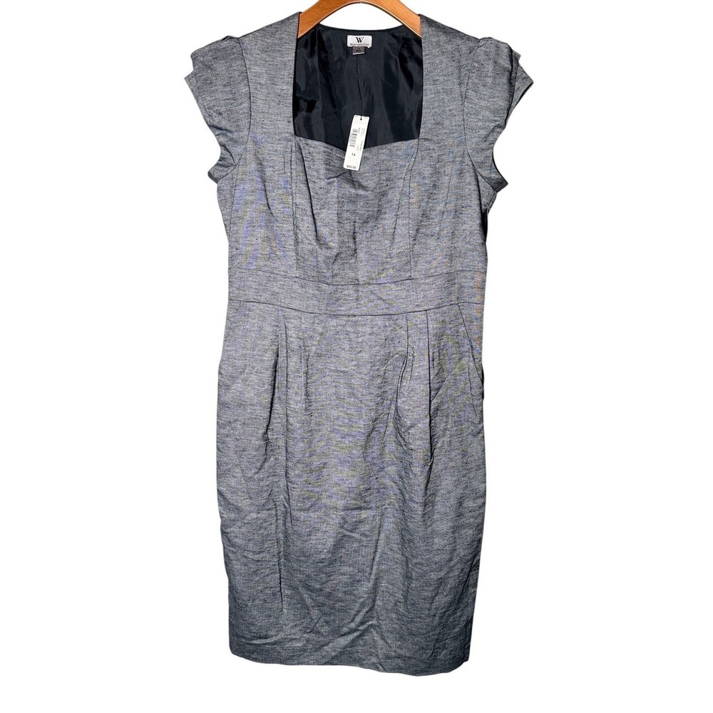 NWT Square Neck Sheath Dress Worthington Women Gray Black Textured Sz 14 Pockets